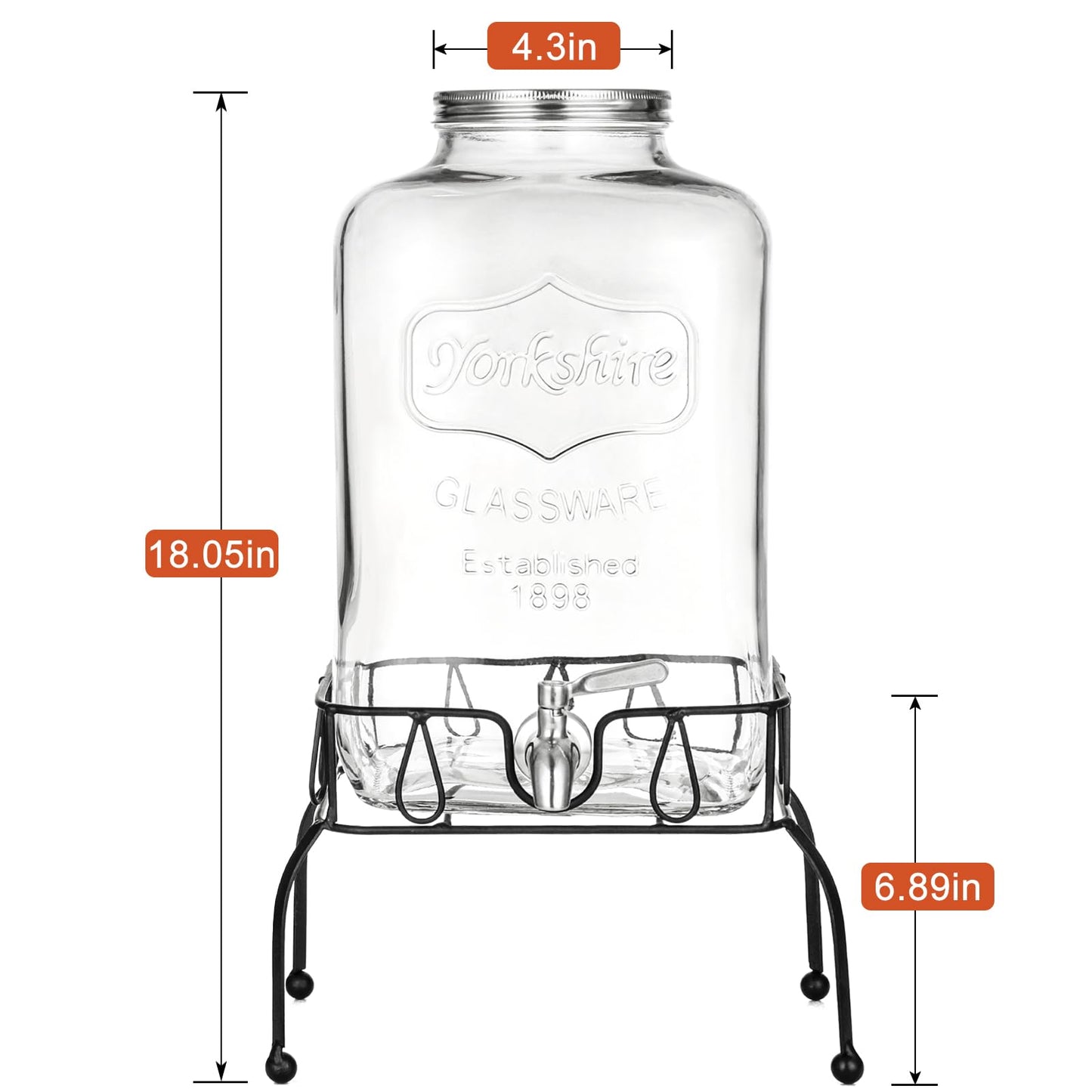 2 Gallon Glass Drink Dispenser with Stand, Stainless Steel Leakproof Spigot and Lid, Glass Drink Dispensers for Parties, Water Beverage Dispenser