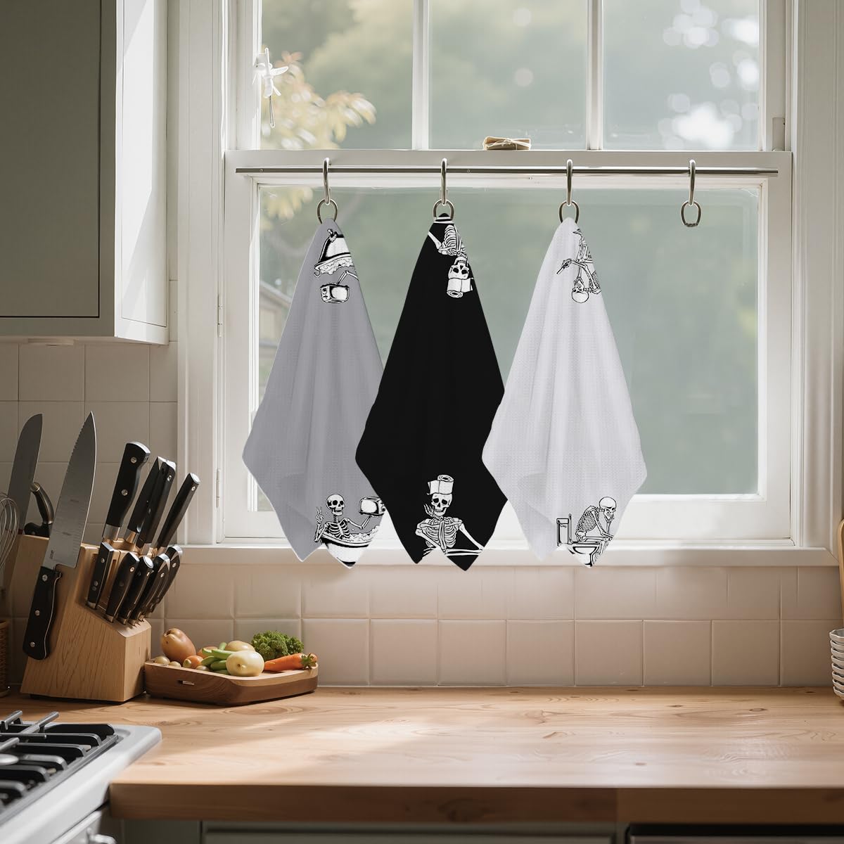 Jztco 3 Pcs Funny Skeleton Hand Towel for Bathroom 14x24 Inch, Skull Halloween Kitchen Towels Waffle Weave Hand Cloth Tea Towel, Goth Skeleton Bathroom Decor, Halloween Birthday Gifts