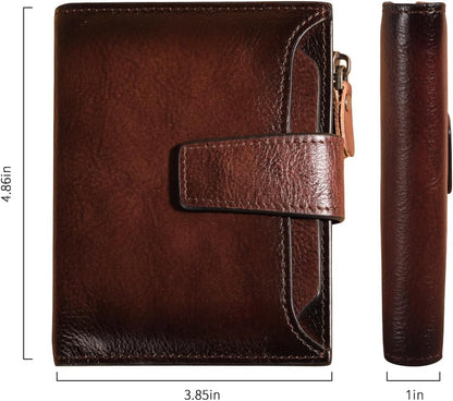 Men's Vintage RFID Blocking Bifold Wallet Genuine Leather with Zipper Coin Pocket Multi-Card Slots & ID Window (Coffee)