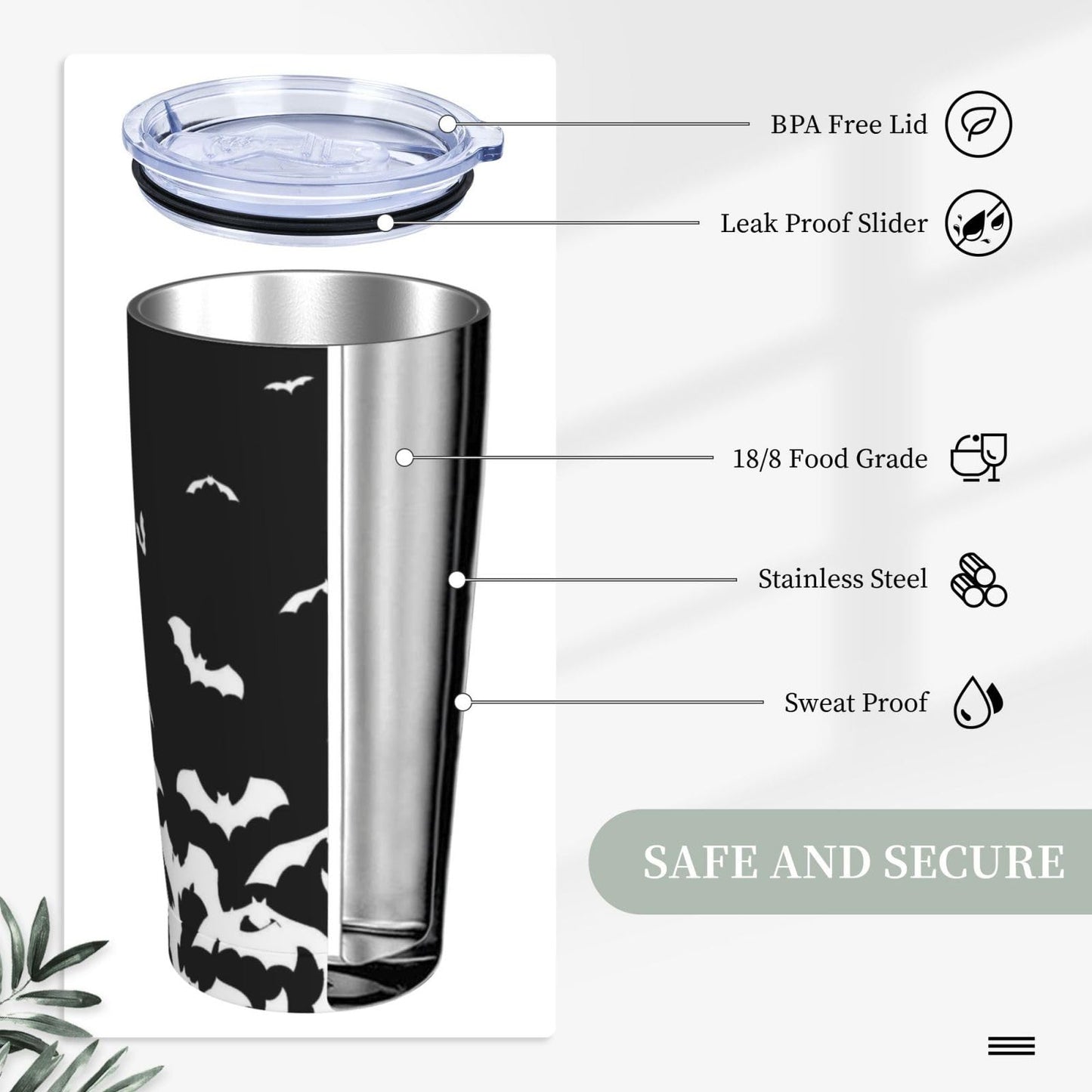 TOUNHEYA Halloween Bat Tumbler with Lid and Straw Black White 20oz Insulated Stainless Steel Cup Animal Travel Coffee Mug Water Bottle for Women Gift for Birthday Christmas