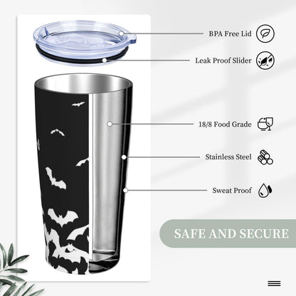 TOUNHEYA Halloween Bat Tumbler with Lid and Straw Black White 20oz Insulated Stainless Steel Cup Animal Travel Coffee Mug Water Bottle for Women Gift for Birthday Christmas