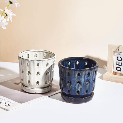 NiSevenLiving Orchid Pots with Holes Attached Saucers 5 Inches - 2 Pcs Small Ceramic Pots for Repotting, Decorative Ceramic Orchid Planter with Hole for Healthy Root Growth (White and Blue)