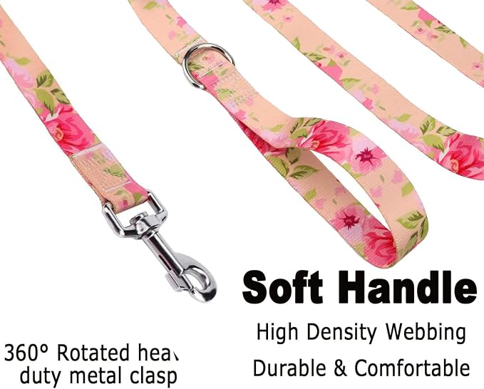 Mihqy Dog Collar and Leash Set with Bohemia Floral Tribal Geometric Patterns - Soft Ethnic Style Collar Adjustable for Small Medium Large Dogs(Pink Rose Set,M)