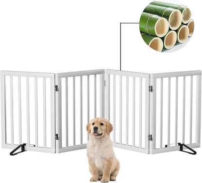 Semiocthome Bamboo Dog Gate with 2 Stands, Freestanding Puppy Gate for Doorways & Stairs - 24" Height, 4 Panels, Adjustable White Safety Fence