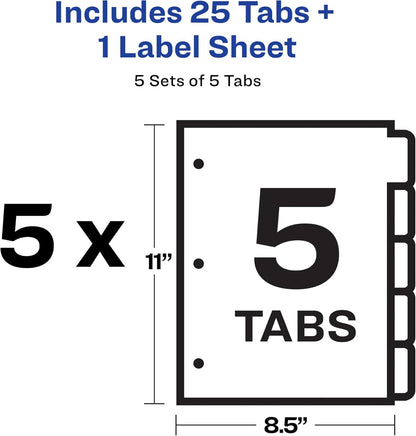 Avery 5 Tab Dividers for 3 Ring Binder, Easy Print & Apply Clear Label Strip, Index Maker Customizable White Tabs, 5 Sets (11436)