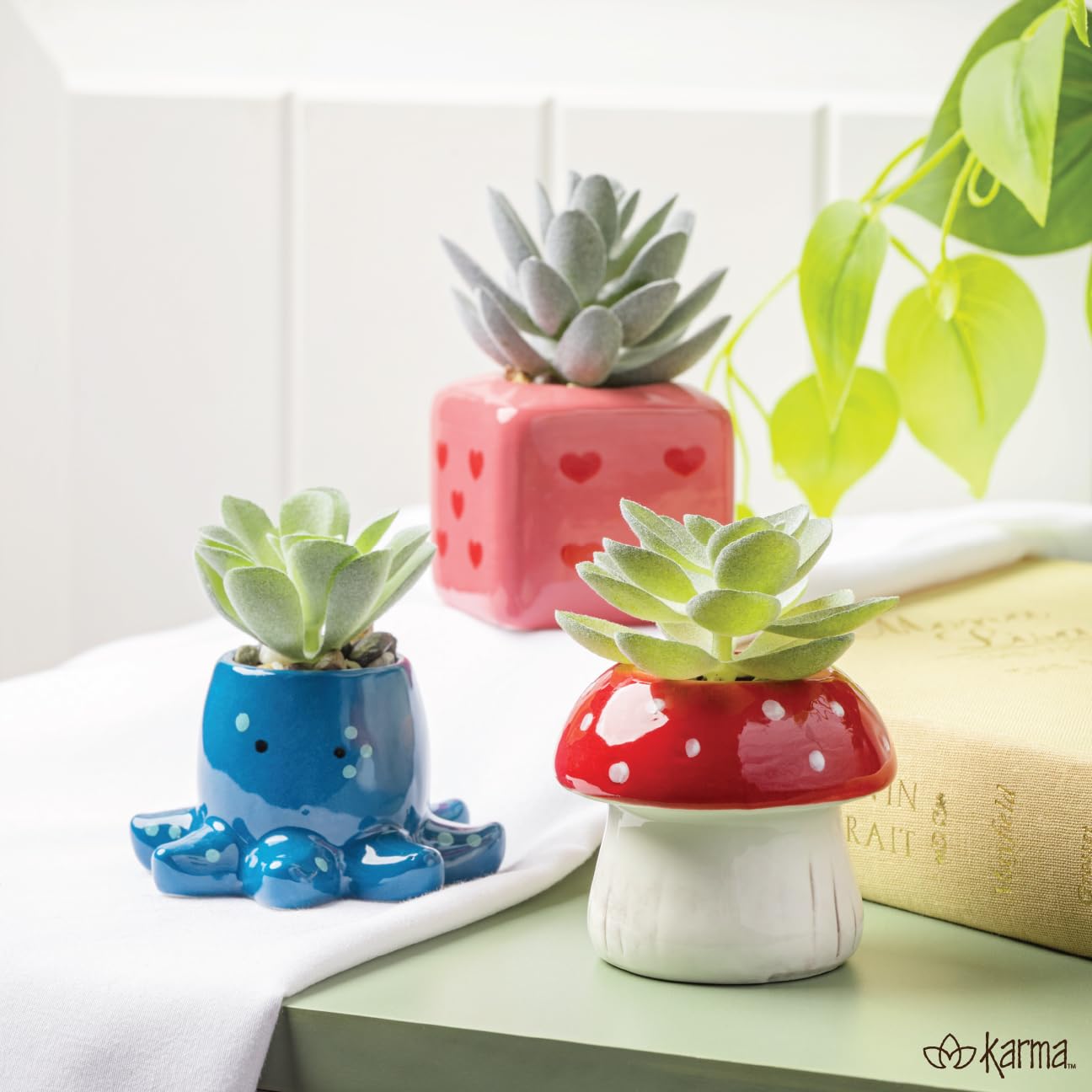 Karma, Shaped Artificial Succulents in Ceramic Pot, Faux Mini Succulent Plant, Desk Decor, Office Plants - Turtle