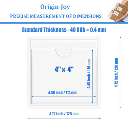 Origin-Joy 25 PCS Self-Adhesive Index Label Pockets, Clear Plastic Peel & Stick Card Holders with Top Open for Loading (4 x 4 inch)