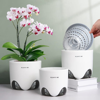 Meshpot 5 inch Orchid Pots with Holes for Repotting with Excellent Airflow, Set of 1, Double Layer Plastic Imitate Ceramic Orchid Planter, Clear Orchid Pot Match Decorative Orchid Container