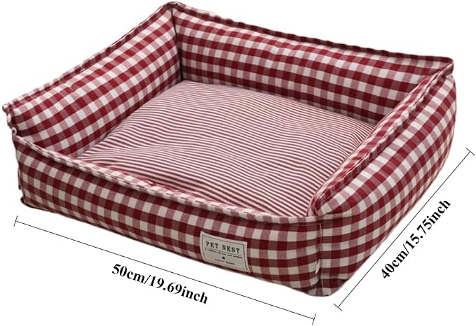 Orthopedic Rectangle Dog Bed for Medium Small Dogs, Plaid Plush Modern Puppy Sofa Bed with Anti-Slip Bottom, Cute Calming Pet Bed(Red,Medium)