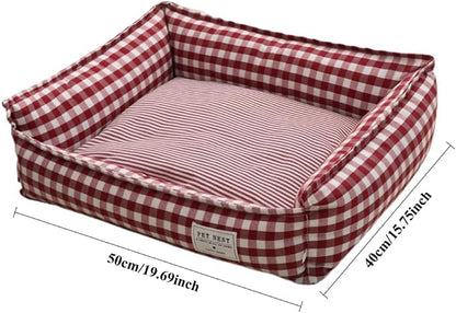 Orthopedic Rectangle Dog Bed for Medium Small Dogs, Plaid Plush Modern Puppy Sofa Bed with Anti-Slip Bottom, Cute Calming Pet Bed(Red,Medium)
