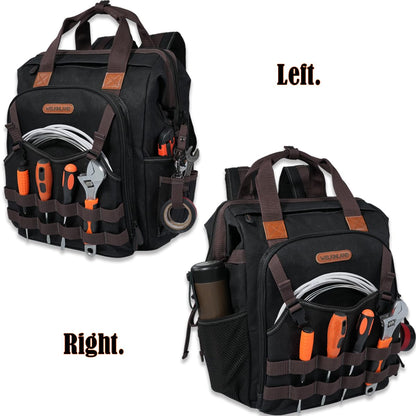 WELKINLAND 88-Pockets Waxed- Canvas HAVC Tool Backpack,Heavy-Duty electrician tools backpack,Open-Top technician tool bag backpackTool back pack for construction