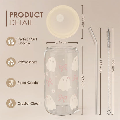 SANDJEST Halloween 16oz Can Glass Tumbler with Acrylic Lid & Straw, Iced Coffee Cup for Women Girls, Aesthetic Cups Gifts for Party
