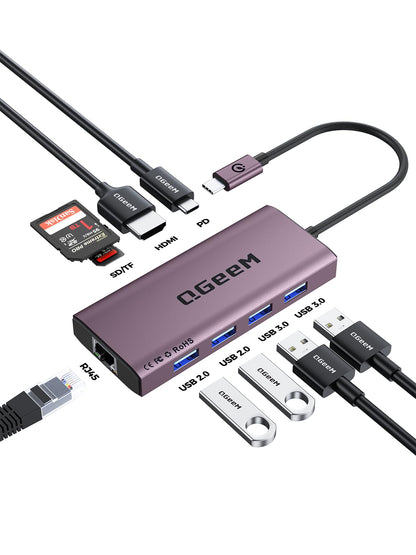 QGeeM USB C Hub Ethernet,9 in 1 USB Type C Hub HDMI Multi-Port Converter Adapter,100W Pd, USB 3.0,SD/TF Card Reader,Compatible for MacBook Pro Air Ipad HP Dell Lenovo Chromebook etc.