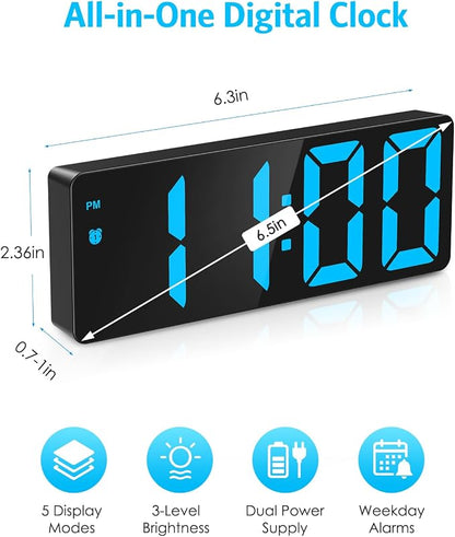 AMIR Digital Alarm Clock, 6.3" Large LED Display Bedside Clock | Auto Night Dimming, 12/24H, Adjustable Snooze, Dual Power Supply, Bedroom Office