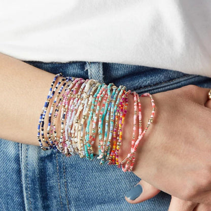 SHINUS BOHO Dainty Gold Plated Tiny White Rice Beaded Stack Bracelets Sets for Women,Stackable Small Beads Cute Bohemian Healing Stretch Trendy Ball Jewelry Friendship Gift Accessories