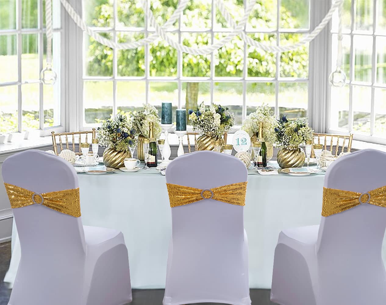 WENSINL All Sequin Gold Chair Sashes 100 Pack, Gold Sequin Chair Sashes Bows for Wedding Party Folding Chair Decoration, Golden Chairs Band with Buckles for Fiesta Event Decorations