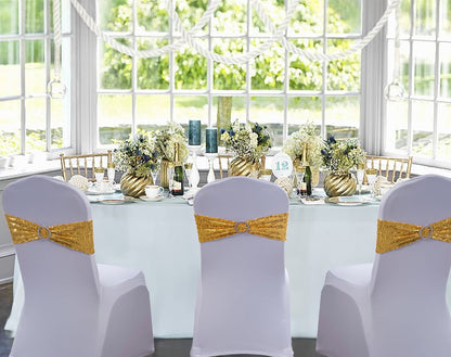 WENSINL All Sequin Gold Chair Sashes 100 Pack, Gold Sequin Chair Sashes Bows for Wedding Party Folding Chair Decoration, Golden Chairs Band with Buckles for Fiesta Event Decorations