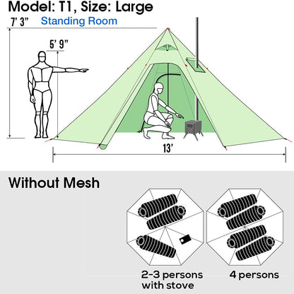 4 Persons 5lb Lightweight Tipi Hot Tents with Stove Jack, 7'3" Standing Room, Teepee Tent for Hunting Family Team Backpacking Camping Hiking (Olive Drab)