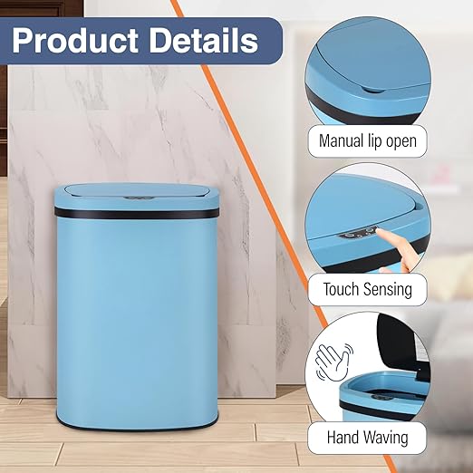 PayLessHere | 13 Gallon Stainless Steel Trash Can | Blue | Automatic Touchless Lid with Motion Sensor | Kitchen Garbage Can with Waterproof Design | for Home, Office, Bathroom | Pack of 1