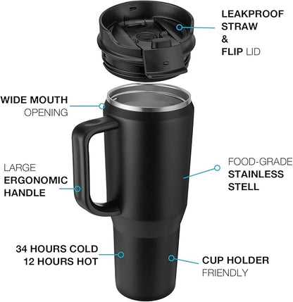EALGRO 50 oz Tumbler with Handle, Insulated Tumblers with Lid and Straw, Large Metal Sports Water Bottle Jug, Thermal Stainless Steel Travel Coffee Mug Cup, Blue