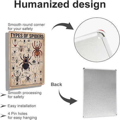 Types of Spiders Metal tin Sign Suitable for Insect Lovers, Study Rooms, Animal Crawl Spaces, Man cave 12 * 8 inch