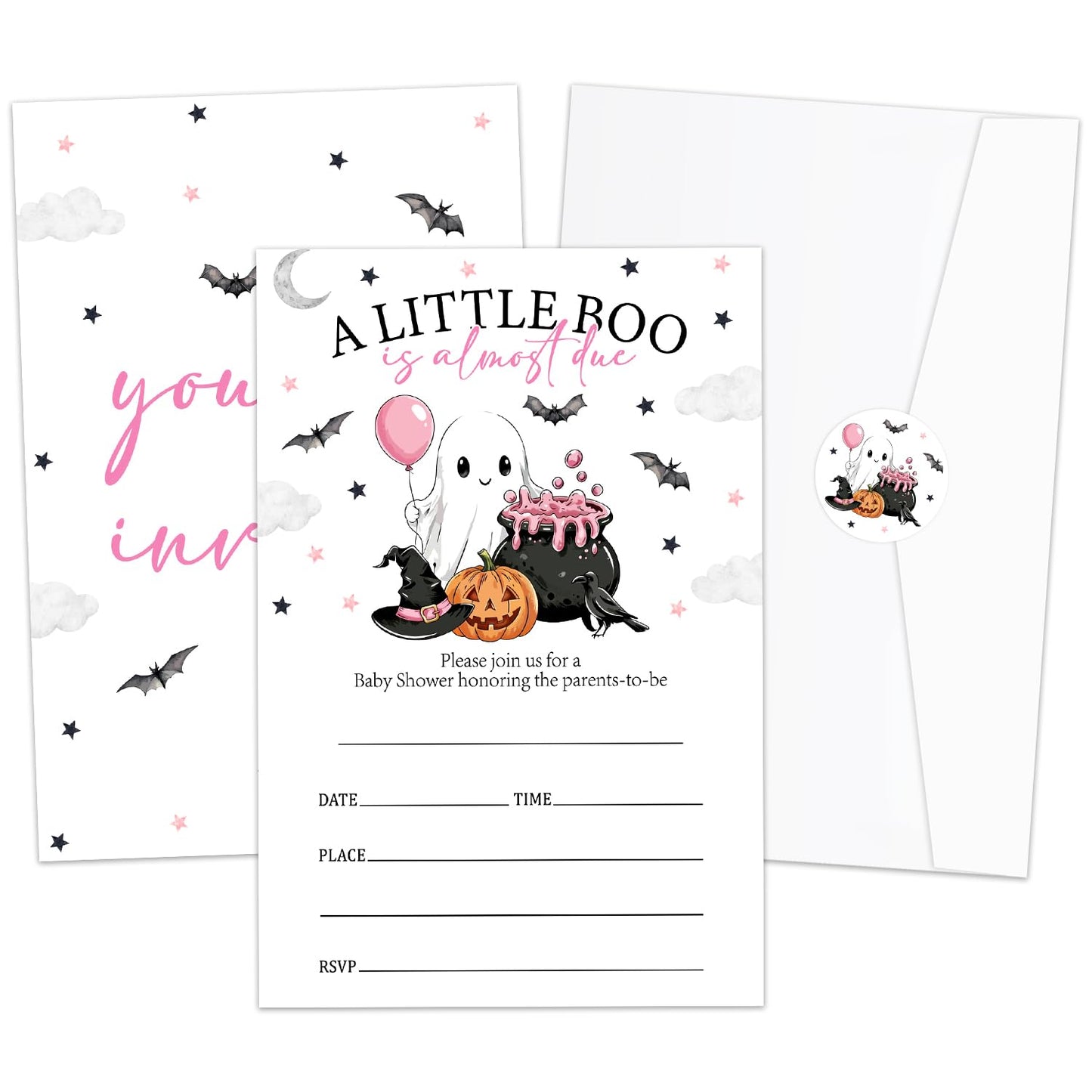 Smenudlli Pink A Little Boo Baby Shower Invitation, Halloween Invites Cards with Envelopes and Sticker (20 Pack), Cute Ghost Baby Shower Decorations Supplies /21