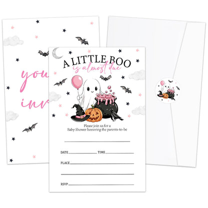 Smenudlli Pink A Little Boo Baby Shower Invitation, Halloween Invites Cards with Envelopes and Sticker (20 Pack), Cute Ghost Baby Shower Decorations Supplies /21