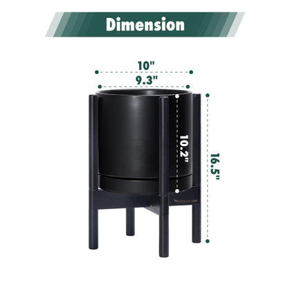 D'vine Dev Ceramic Planter with Ebony Stand - 10 Inch Modern Round Flower Pot with Wood Planter Holder, Black, 55-B-L-2