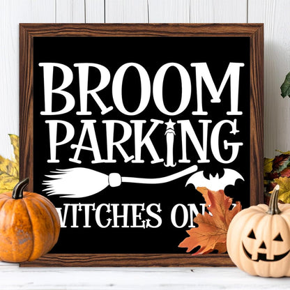 Halloween Broom Parking Only All Others Will Be Toad Wooden Sign, With Frame Witch Broom Plaque Sign for Home Patio, Cafe, Porch Halloween Decor 7.87x7.87 Inch