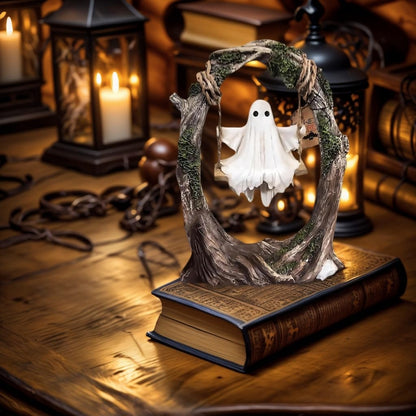 AZYM Ghost Halloween Decor,Ghost on a Tree Swing,Cute Funny Swinging Ghost Halloween Figurine Decoration,for Indoor Desktop Bookshelf Outdoor Garden Patio Lawn Decor