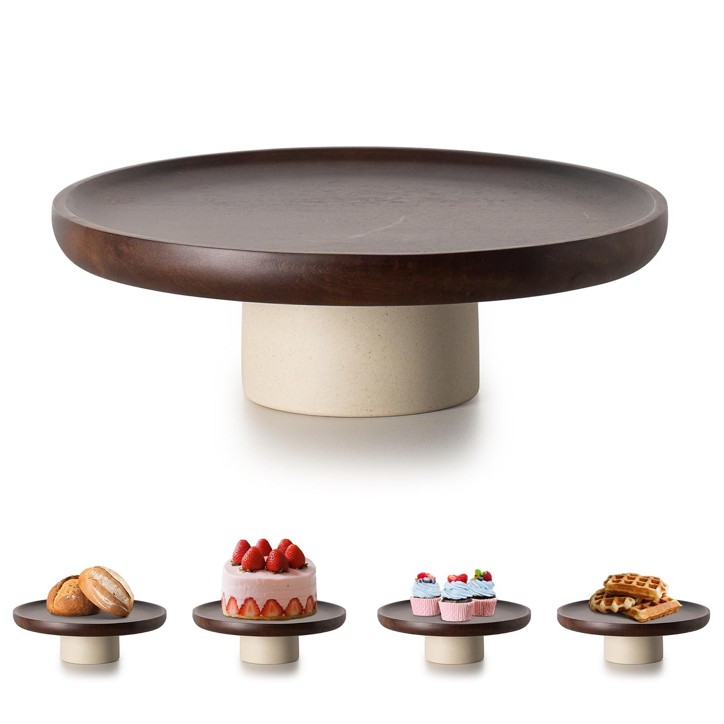 CEEFU 9 inch Rustic Acacia Wood Cake Stand - Natural Wooden Clay Wedding Cake Pedestal Serving Stand for Cupcake Dessert Bites Display in Party, Birthday, Beautiful Farmhouse Kitchen Decor