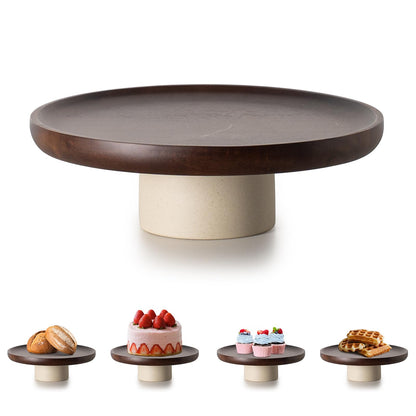 CEEFU 9 inch Rustic Acacia Wood Cake Stand - Natural Wooden Clay Wedding Cake Pedestal Serving Stand for Cupcake Dessert Bites Display in Party, Birthday, Beautiful Farmhouse Kitchen Decor