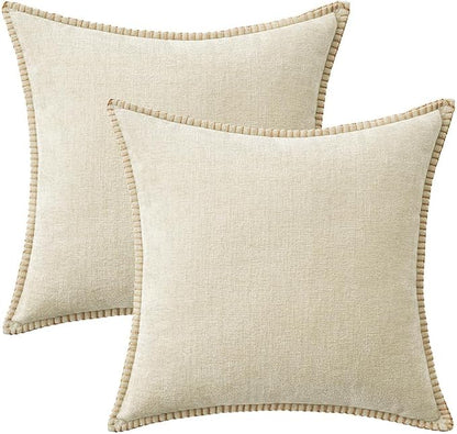 MIULEE Pack of 2 Pillow Covers 18x18 Inch Cream White Farmhouse Decorative Throw Pillow Covers with Stitched Edge Soft Chenille Solid Dyed Couch Pillow Covers for Sofa Bed Living Room
