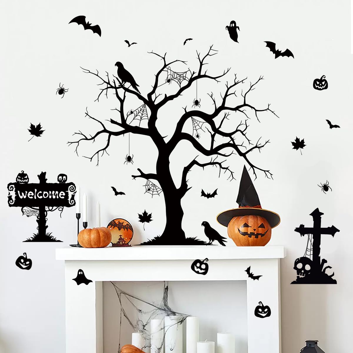 Halloween Spooky Wall Decals Black Tree Branch Wall Sticker Gothic Crow Bats Spider Horror Pumpkin Wall Decor Black Skull Halloween Festival Decoration for Holiday Home Party Classroom Office