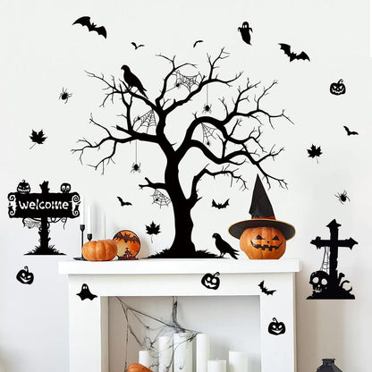 Halloween Spooky Wall Decals Black Tree Branch Wall Sticker Gothic Crow Bats Spider Horror Pumpkin Wall Decor Black Skull Halloween Festival Decoration for Holiday Home Party Classroom Office