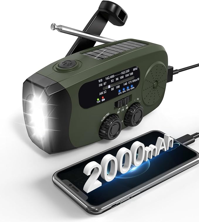 Hand Crank Radio with AM/FM/NOAA Weather Bands,for Emergencies, Camping | 3 LED Flashlights,SOS Function,Solar Powered,Hand Cranked, 2000mAh/7400mWh Charger,for Power Outage - Olive Green