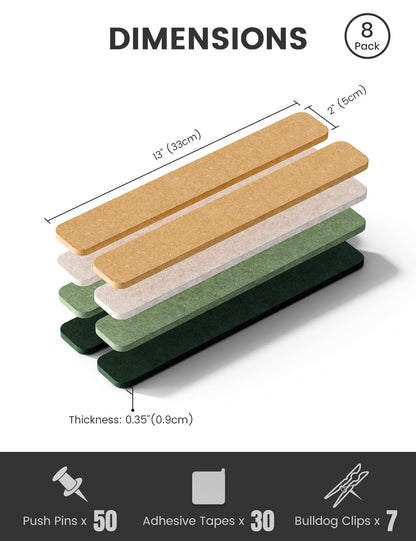 Fluxynara Cork Board Alternative Felt Strip Board 8-Pack 13"x2", Office Pin Board with 50 Push Pins, Adhesive Install for Bedroom Door & Home Office (Moss Glimmer)