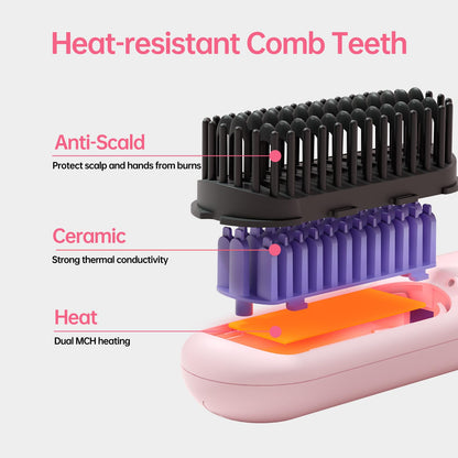 Cordless Hair Straightener Brush-Portable Straightening Comb, 9600mAh Batt, Plasma Tech, 9 Temp-Settings & LED Display, for Travel & Home(Pink)