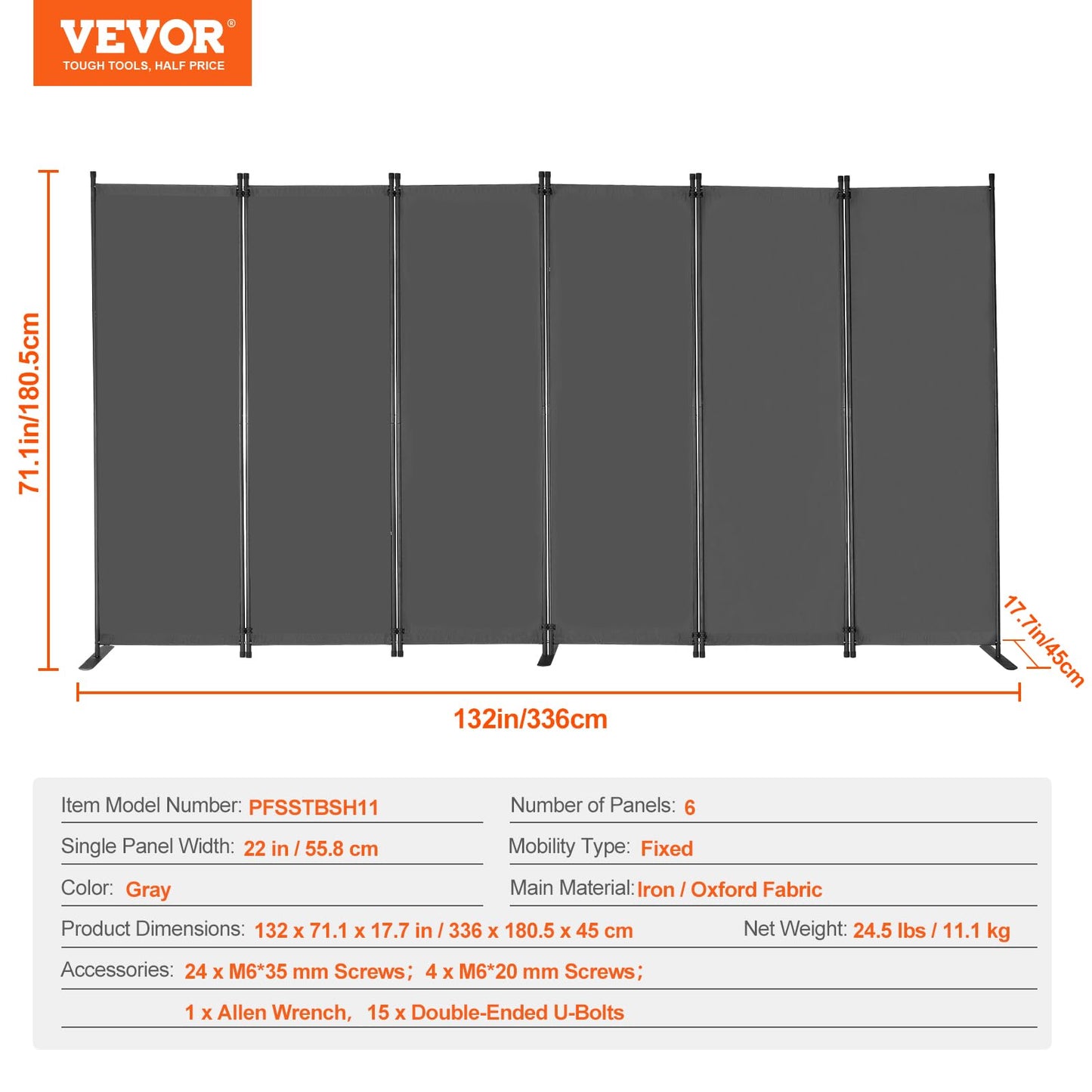 VEVOR Room Divider, 6 Panel Room Divider, Folding Privacy Screen and Portable Partition Divider for Room Separation, Freestanding Room Partitions for Office, Bedroom, Study, Grey