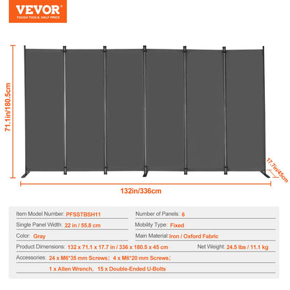 VEVOR Room Divider, 6 Panel Room Divider, Folding Privacy Screen and Portable Partition Divider for Room Separation, Freestanding Room Partitions for Office, Bedroom, Study, Grey