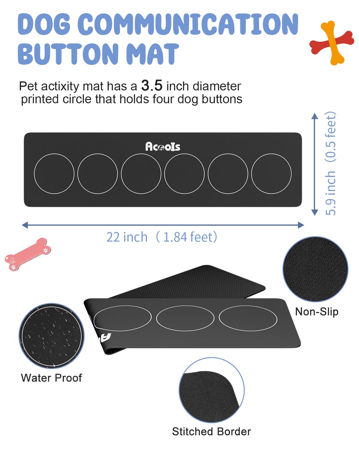 Acools Dog Buttons for Communication, 6 Pcs Dog Talking Button Set, 30s Voice Recordable Pet Training Buzzer, Speaking Buttons for Cats & Dogs with Waterproof Dog Activity Mat and 24 Scene Stickers