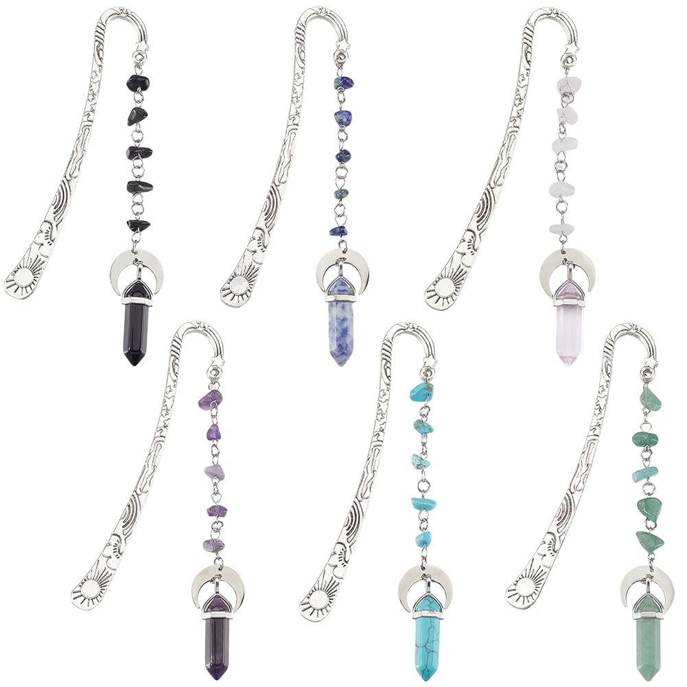 SUNNYCLUE 6Pcs Stone Bookmarks Charm Book Marks Antique Silver Metal Alloy Vintage Natural Synthetic Gemstones Crystal Dangle Pendant Hook Book Makers for Books Teacher Friend Reading Accessories