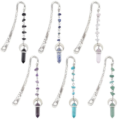 SUNNYCLUE 6Pcs Stone Bookmarks Charm Book Marks Antique Silver Metal Alloy Vintage Natural Synthetic Gemstones Crystal Dangle Pendant Hook Book Makers for Books Teacher Friend Reading Accessories