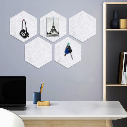 8 Packs Hexagon Felt Pin Board, 12" Bulletin Board with 30 Push Pins, Felt Board for Home Kitchen Office Decor, Self-Adhesive Corkboard Tiles for Walls School Message Photos Memos-Gray