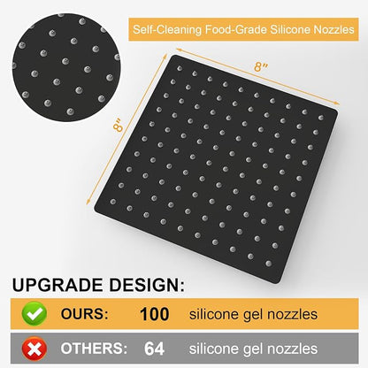 BESy 8 Inch Rain Shower Head, 8" Square Rainfall & High Pressure Stainless Steel Bath Showerhead, 1/16" Ultra Thin, Waterfall Full Body Coverage with Silicone Nozzle, Matte Black Finish