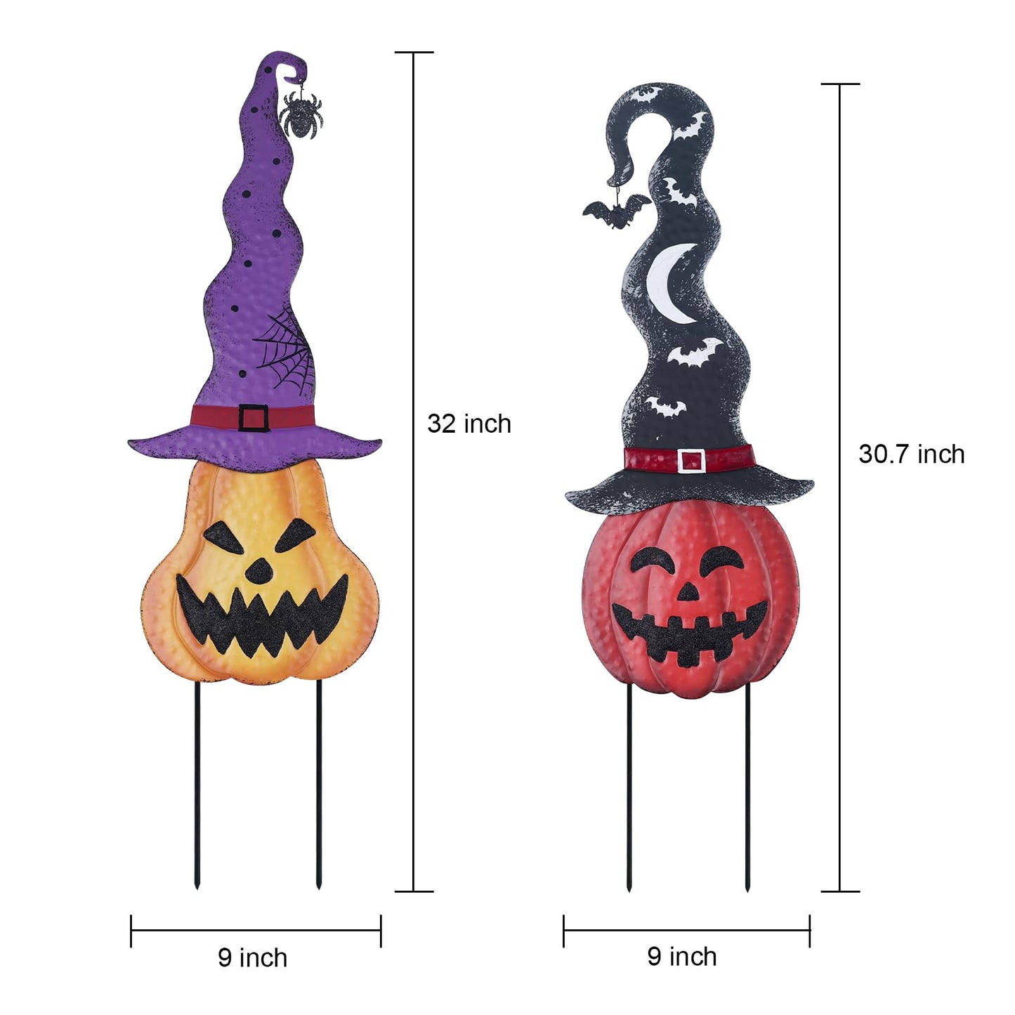 YEAHOME Halloween Decorations Outdoor, Set of 2 Pumpkin Garden Stakes with Witch Hats for Halloween Decor, Jack o' Lantern Metal Pumpkin Yard Signs for Outside Garden Lawn Patio Party Decorations