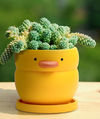 GeLive 4 Inch Yellow Duck Plant Pot Ceramic Planter with Drainage Tray Indoor Plants Succulent Pot Tabletop Organizer Decor Pen Holder Cartoon Statue Unique Gift