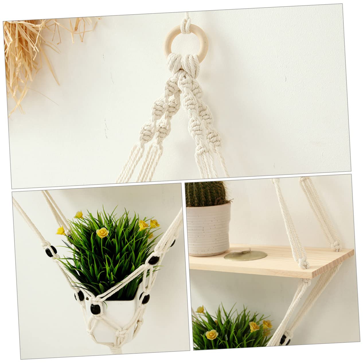 HANABASS 1Pc Nordic Style Cotton Rope Plant Holder Woven Hanging Rack for Flowerpots Indoor Wall Decor Bonsai Stand with Elegant Simple Design for Patio and Garden