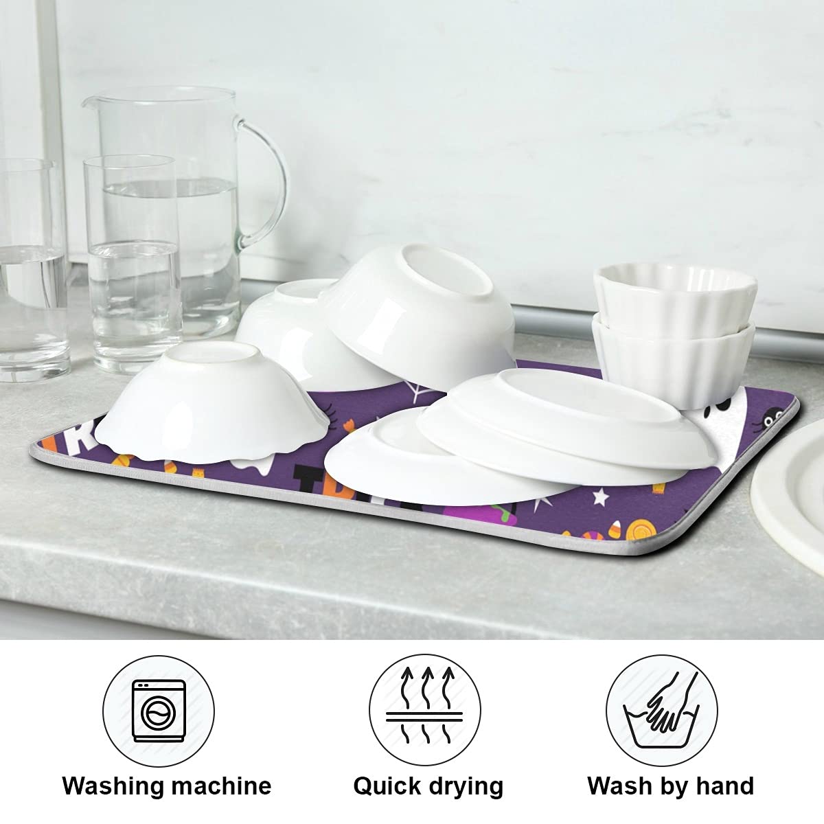 Happy Halloween Purple Pumpkin Fall Dish Drying Mat 16x18 for Kitchen Counter Trick or Treat Spooky Ghost Reversible Dishes Draining Mats Medium Absorbent Fast Dry Pad Halloween Accessories