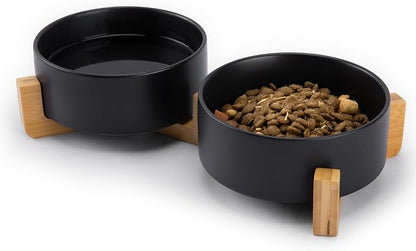 MateeyLife Ceramic Dog and Cat Bowls with Stand, 2-Pack Food and Water Bowl Set - Non-Slip Pet Bowls for Small & Medium Size Dogs，28.7OZ(Black)
